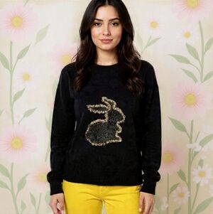 XL🐰Goa Elegant Black V-Neck Sweater with Gold Sequin Rabbit Design